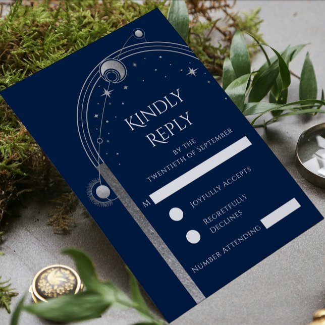 Celestial Blue Silver Sun Moon Stars Wedding RSVP Card (Creator Uploaded)