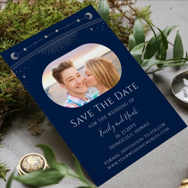 Celestial Blue Silver Sun Moon Wedding Photo Save The Date (Creator Uploaded)