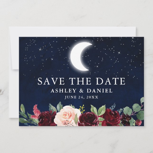 Celestial Blue Sky Moon Stars Floral Save The Date (Front)