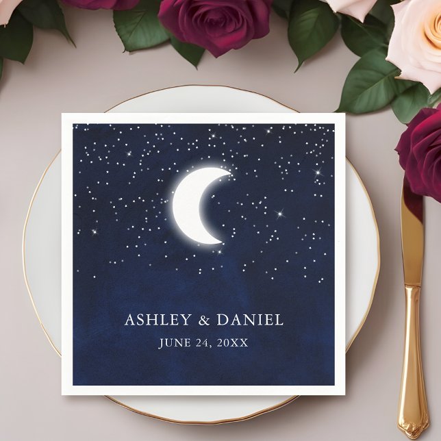 Celestial Blue Sky Moon Stars Wedding Napkin (Customize to change text size or text style.)