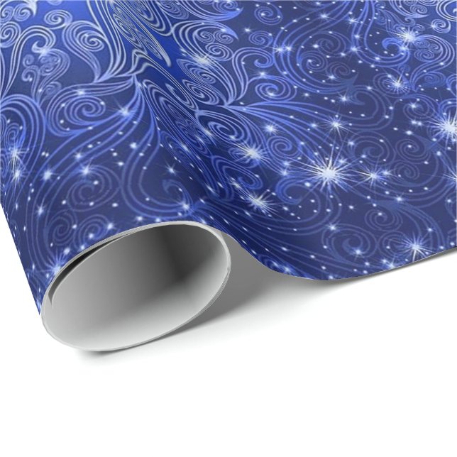 Celestial Blue Swirls & Stars Wrapping Paper (Roll Corner)