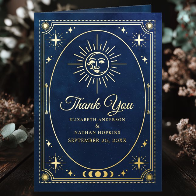 Celestial Blue Tarot Wedding Photo Thank You Foil Greeting Card (Creator Uploaded)