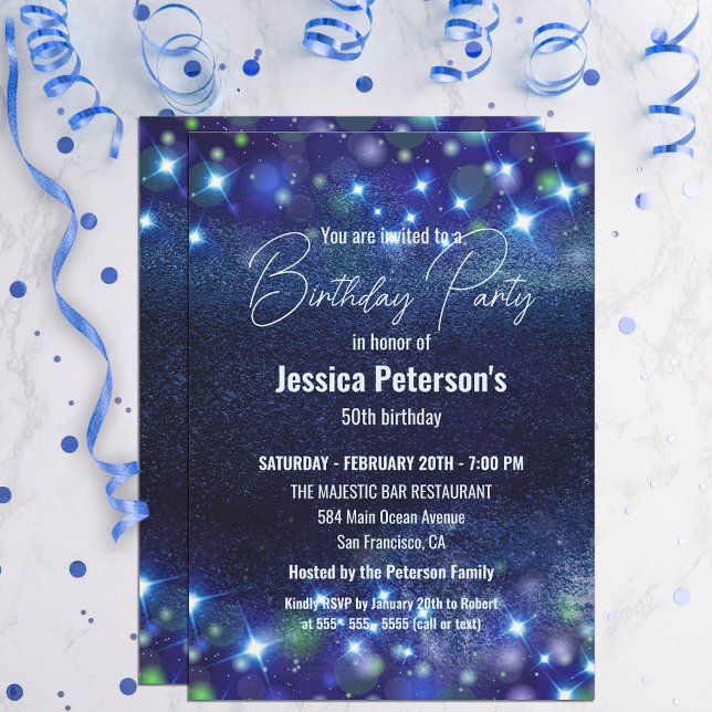 Celestial Blue Twinkle Lights 50th Birthday Party Invitation (Creator Uploaded)