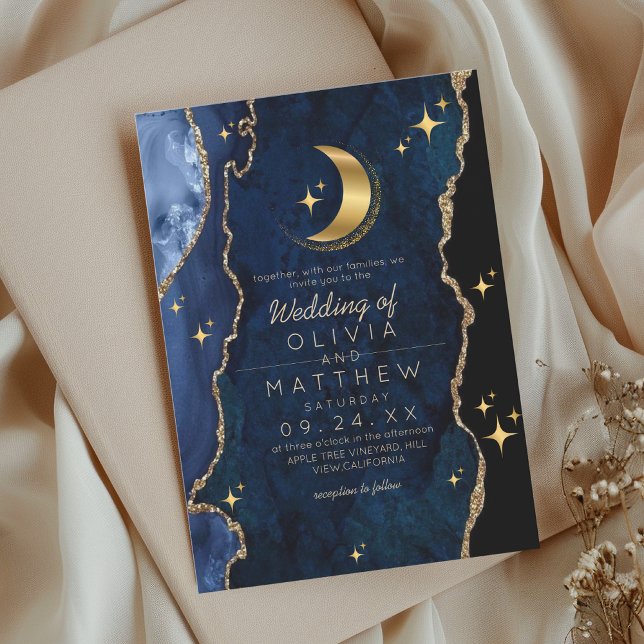  Celestial Blue Wedding Midnight Stars Moon  Invitation (Creator Uploaded)