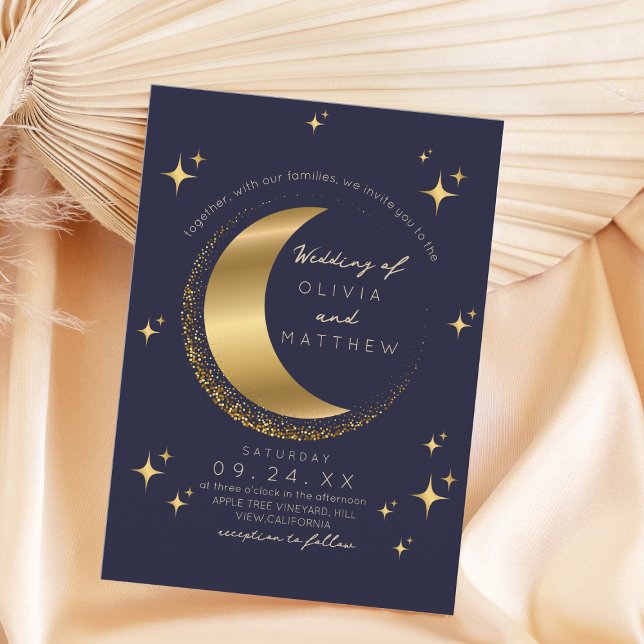  Celestial Blue Wedding Midnight Stars Moon  Invitation (Creator Uploaded)