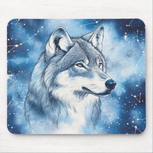 Celestial Blue Wolf Cosmic Constellation Mouse Pad