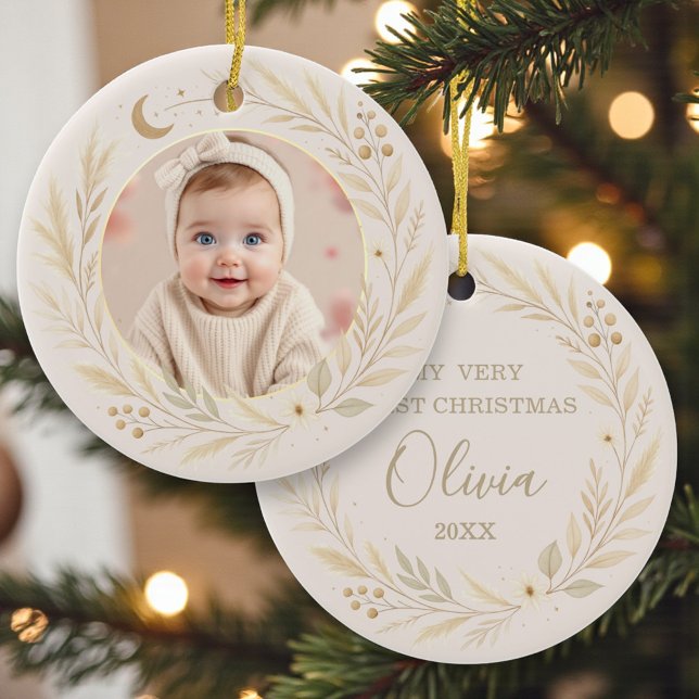 Celestial Boho Baby First Christmas Photo Ceramic Tree Decoration (Creator Uploaded)