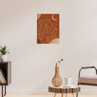 Celestial Boho Woman Line Art with Moon and Stars Poster