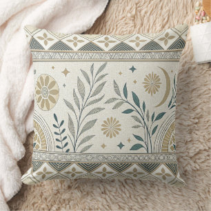 Celestial Botanical Folk Art Seamless Pattern Cushion