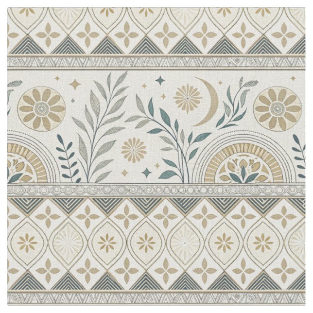 Celestial Botanical Folk Art Seamless Pattern Fabric (Close Up)