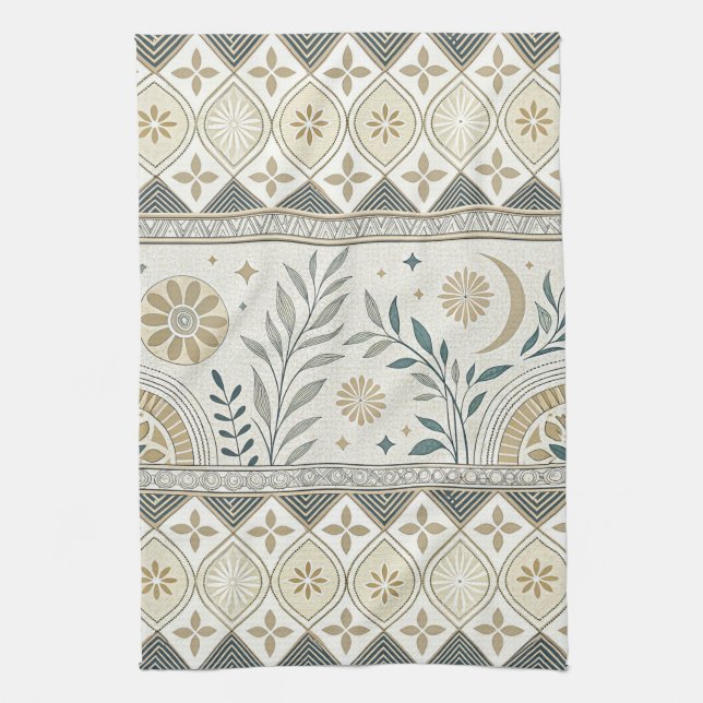 Celestial Botanical Folk Art Seamless Pattern Tea Towel (Vertical)