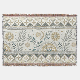 Celestial Botanical Folk Art Seamless Pattern Throw Blanket