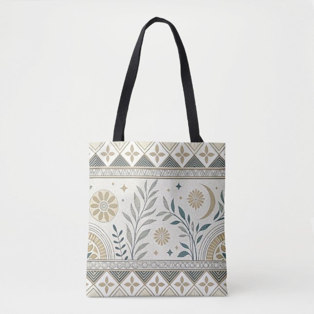 Celestial Botanical Folk Art Seamless Pattern Tote Bag (Front)