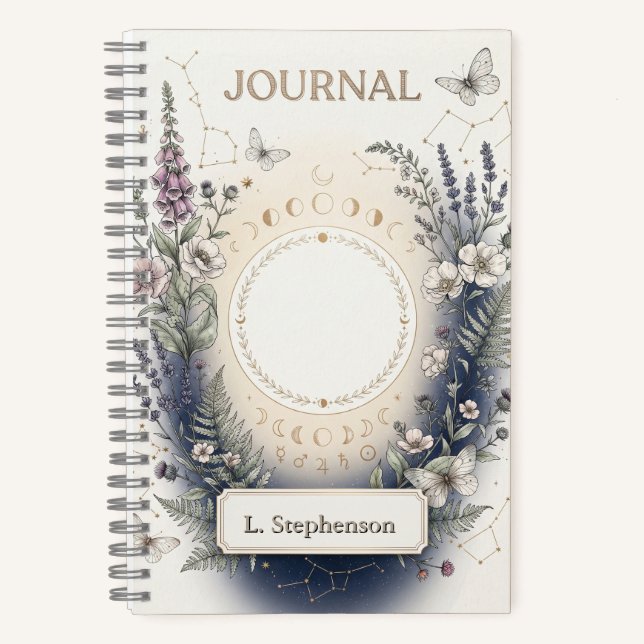 Celestial Botanical Journal Cover with Moon Phases (Front)