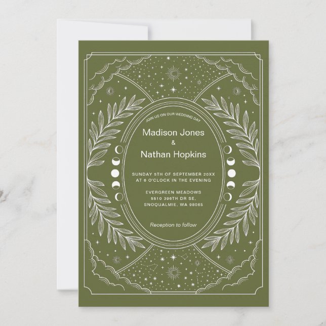 Celestial Botanical Wedding Invitation Olive Green (Front)