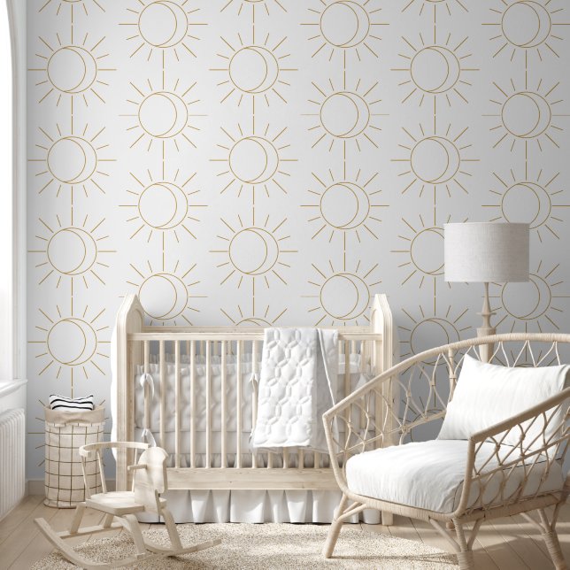 Celestial Bright Yellow Simple Sun Moon Boho Wallpaper (Kids)