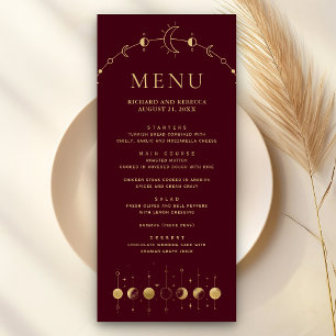 Celestial Burgundy Gold Crescent Moon Wedding Menu