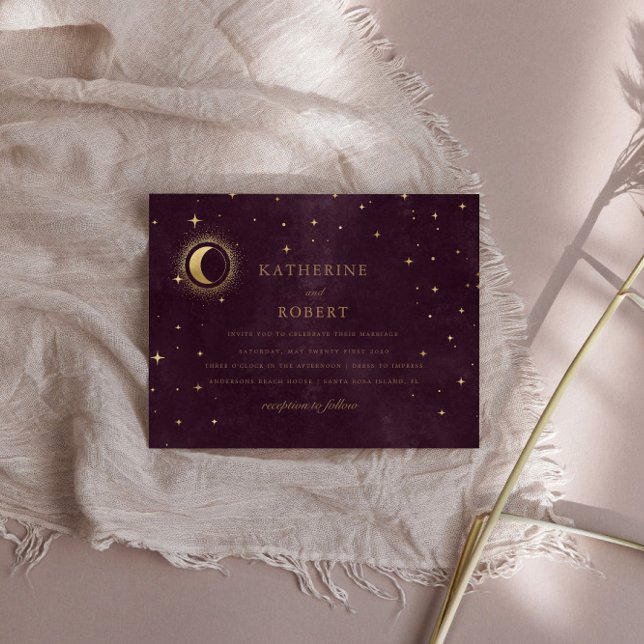 Celestial Burgundy Gold Moon And Stars Wedding Invitation (Creator Uploaded)