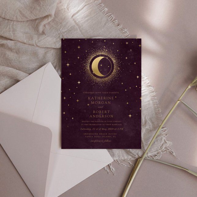 Celestial Burgundy Gold Moon And Stars Wedding  Invitation (Creator Uploaded)