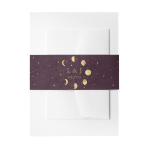 Celestial Burgundy Gold Moon Phases Wedding Invitation Belly Band