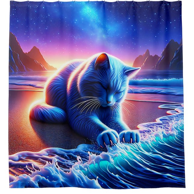 “Celestial Cat by the Water” Shower Curtain (Front)