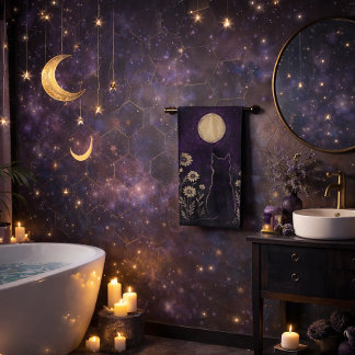 Celestial Cat Floral Purple Bath Towel Set