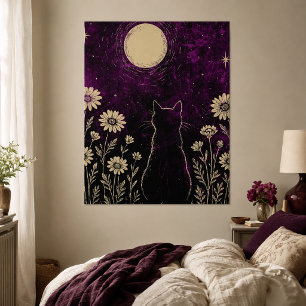 Celestial Cat Floral Purple Poster