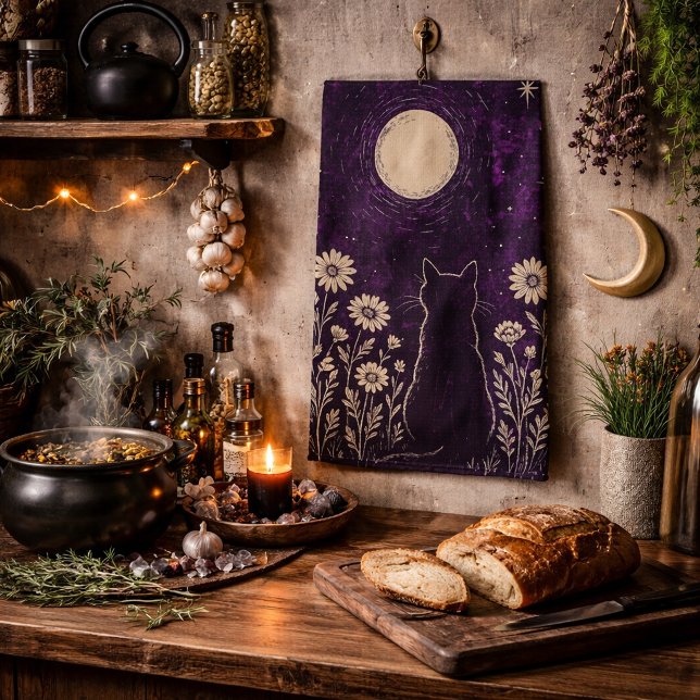 Celestial Cat Floral Purple Tea Towel (Creator Uploaded)