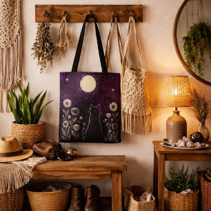 Celestial Cat Floral Purple Tote Bag