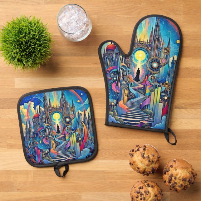 Celestial Cathedral Cityscape Oven Mitt & Pot Holder Set (Top Down)