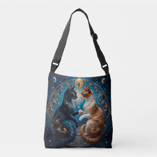 Celestial Cats in Cosmic Art with Gold and Blue Crossbody Bag