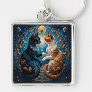 Celestial Cats in Cosmic Art with Gold and Blue Key Ring