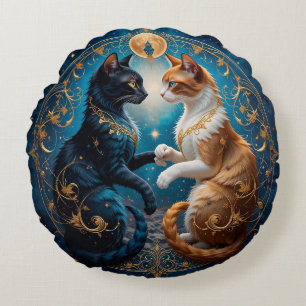 Celestial Cats in Cosmic Art with Gold and Blue Round Cushion