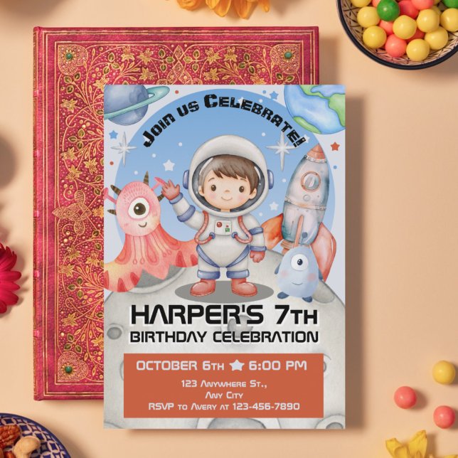 Celestial Celebration: Light Blue Astronaut Invitation (Light Blue Illustrative Astronaut Watercolor Birthday Invitation)