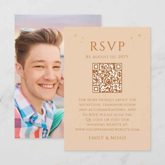 Celestial Champagne Gold Budget QR Code RSVP Photo Enclosure Card (Front/Back)