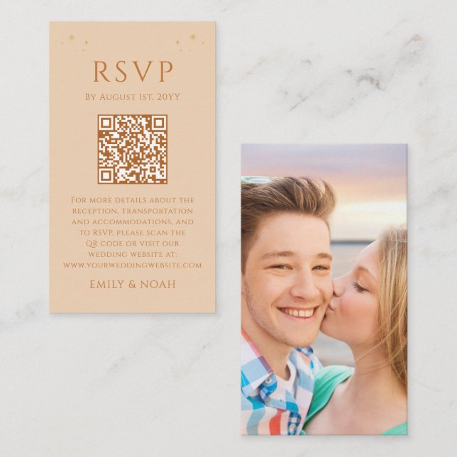 Celestial Champagne Gold Budget QR Code RSVP Photo Enclosure Card (Front/Back)