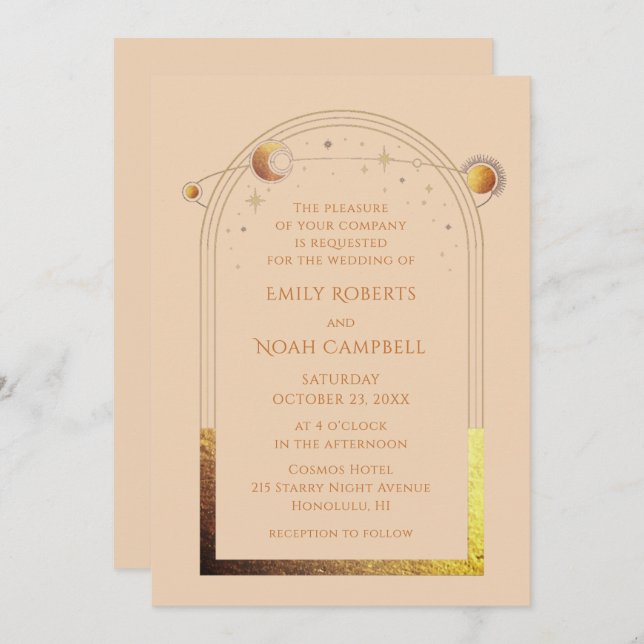 Celestial Champagne Gold Sun Moon Stars Wedding Invitation (Front/Back)