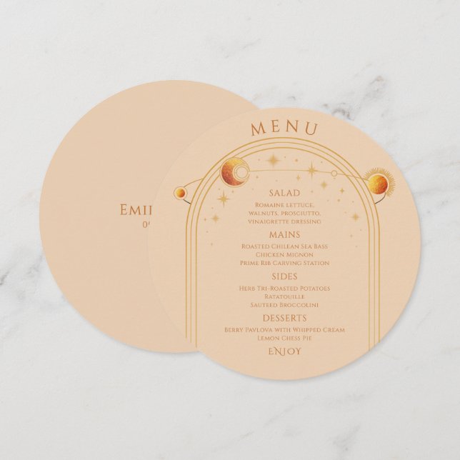 Celestial Champagne Gold Sun Moon Stars Wedding Menu (Front/Back)