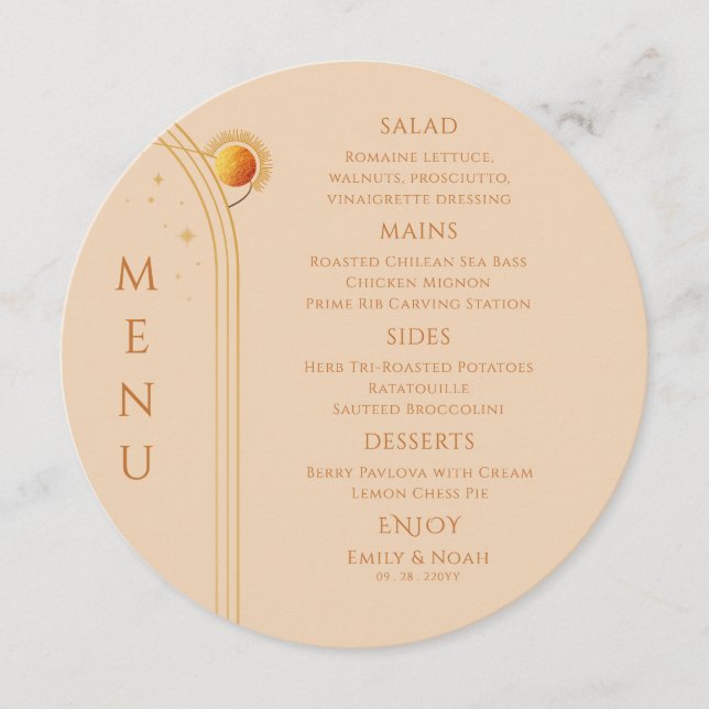 Celestial Champagne Gold Sun Moon Stars Wedding Menu (Front)
