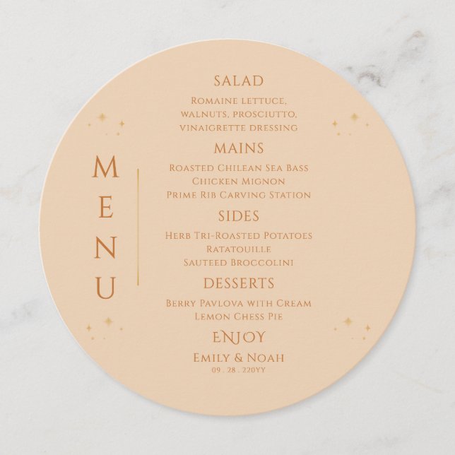 Celestial Champagne Gold Sun Moon Stars Wedding Menu (Front)