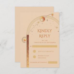 Celestial Champagne Gold Sun Moon Stars Wedding RSVP Card