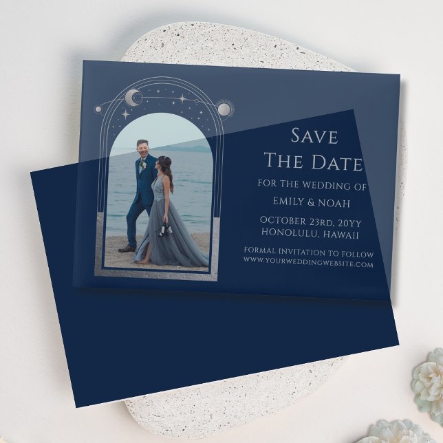 Celestial Chic Blue Silver Photo Wedding Vellum Invitations (Creator Uploaded)