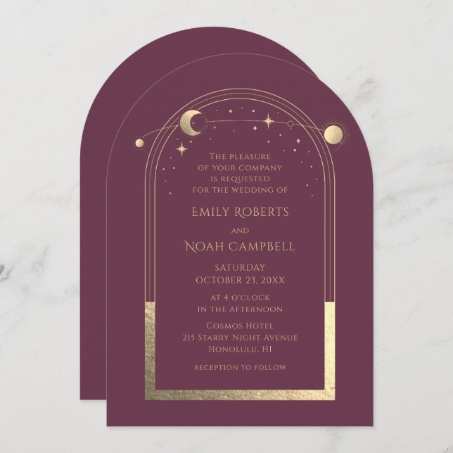 Celestial Chic Plum Gold Sun Moon Stars Space Invitation (Front/Back)
