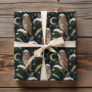 Celestial Christmas Owl Winter Night Pattern Wrapping Paper