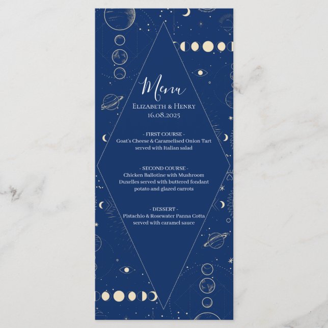 Celestial cosmic ethereal sun moon stars wedding menu (Front)