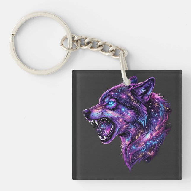Celestial Cosmic Galaxy Wolf Roar Graphic T-Shirt Key Ring (Front)