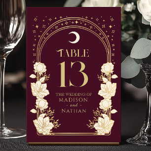 Celestial Cranberry Elegant Art Nouveau Wedding Table Number