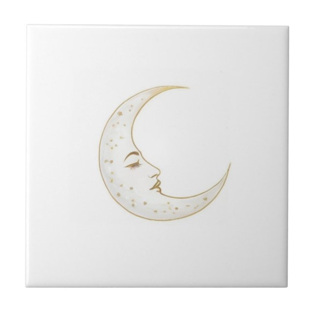 Celestial Crescent Moon Face Gold Silver White Tile (Front)