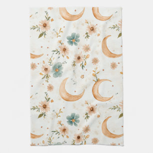 Celestial Crescent Moon Floral Gold Glitter Tea Towel