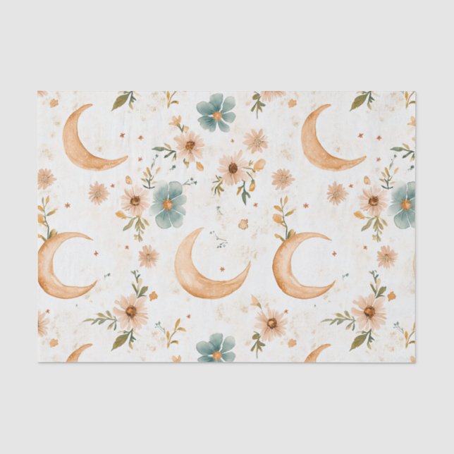 Celestial Crescent Moon Floral Gold Glitter Tissue Paper (Front)